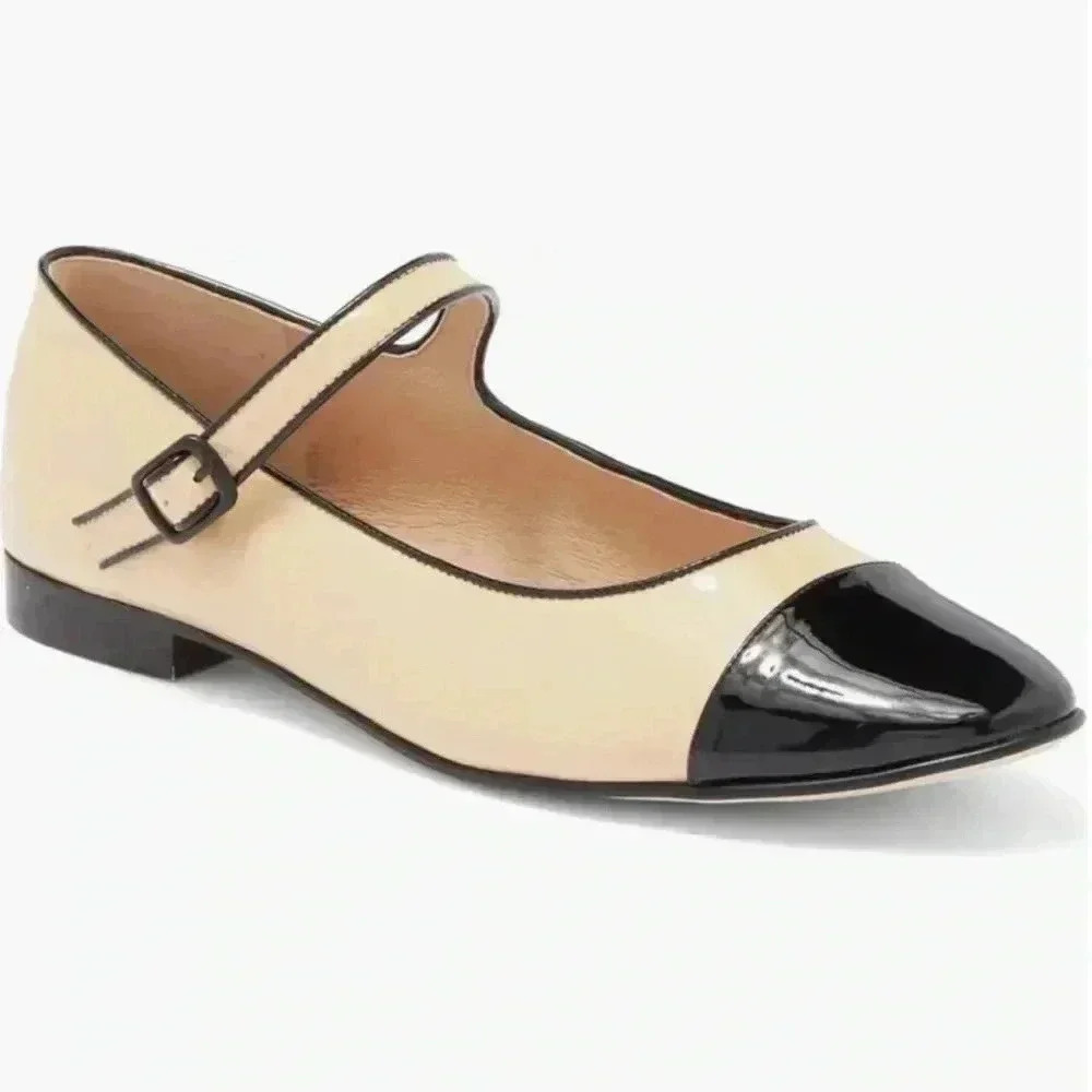 Jeffrey Campbell Beige Mary Jane Flats with Black Patent Cap Toe